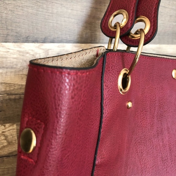 Burgundy Faux Leather Midsize Tote Shoulder  Bag - Picture 2 of 9